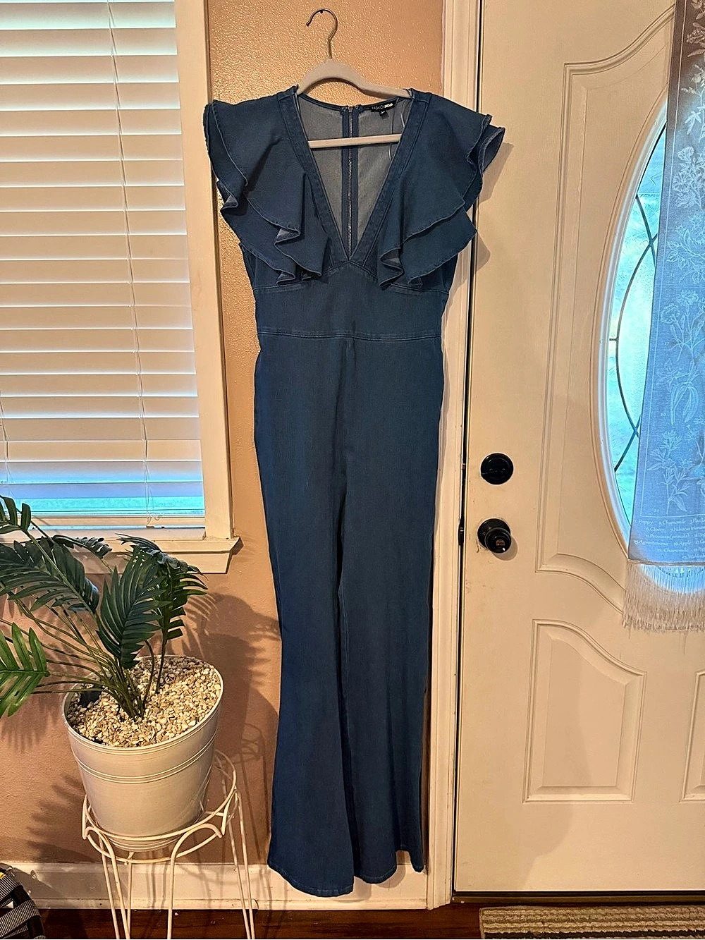 Fashion Nova Blue Ruffle Denim-Look Flare Jumpsuit